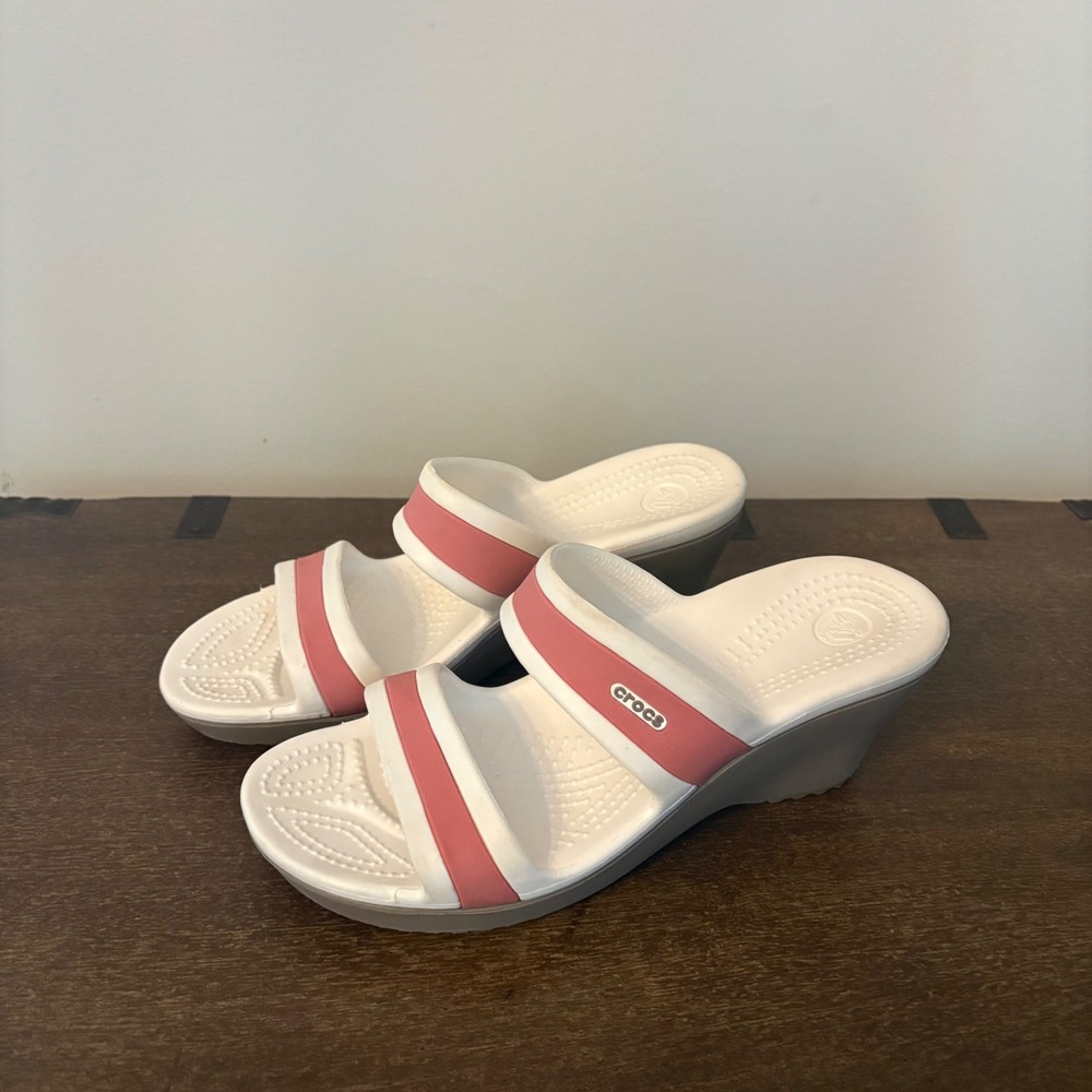Crocs Women Shima White Pink Dual Strap Wedge Sandals Slide Shoes Size 7